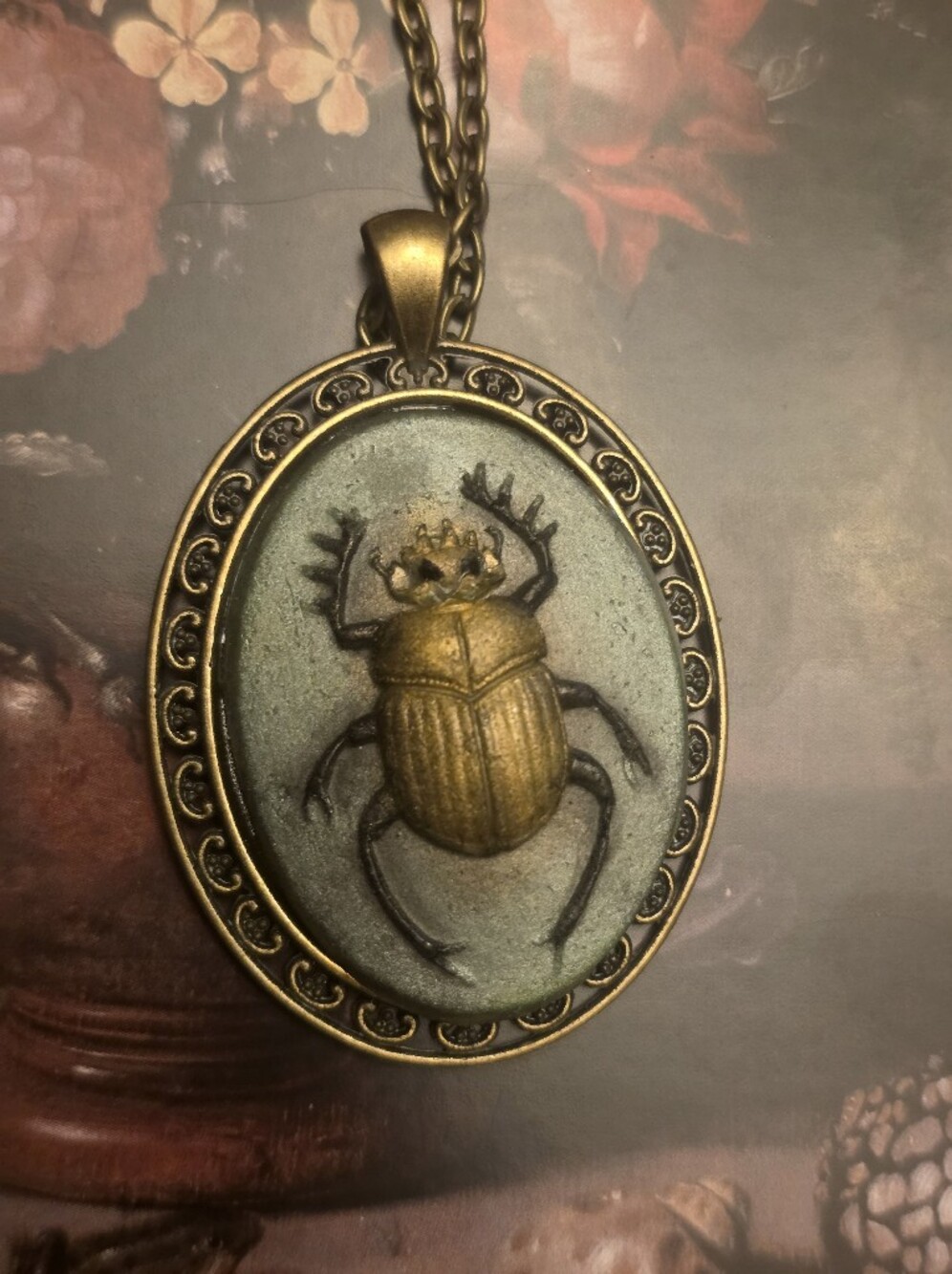 Golden Beetle Cameo Pendant With Bronze Frame And Chain Necklace